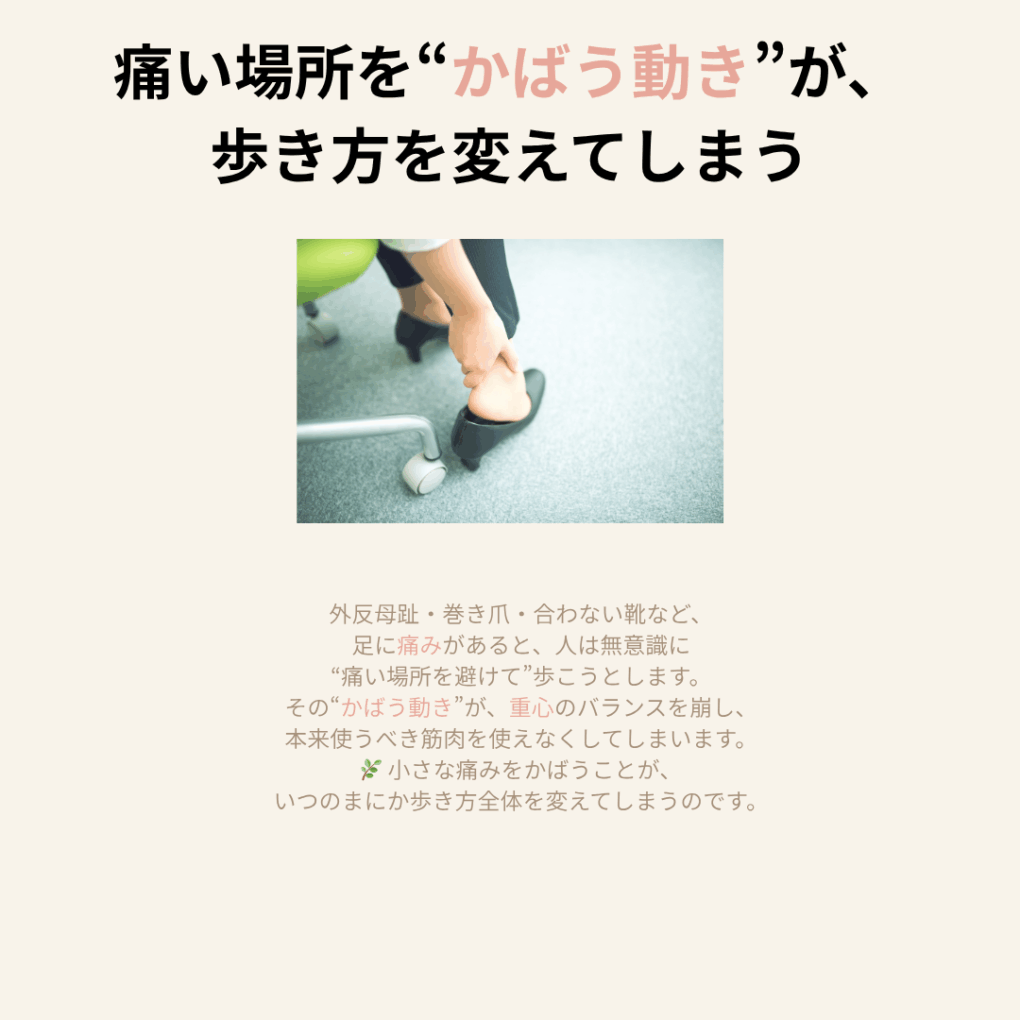 足の痛みをかばって歩いている女性の写真
